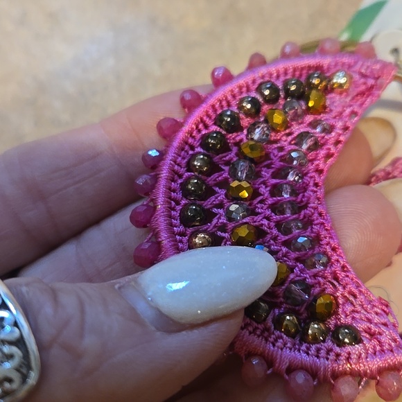 New Lilly Pulitzer Bougainvillea Pink Statement Hoop Crochet Beaded Earrings - Picture 7 of 10